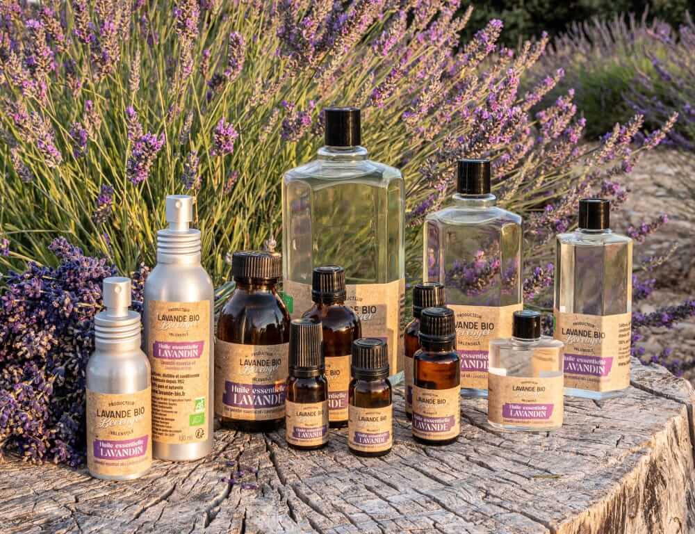 Des bouteilles d'huile essentielle de lavande et des sprays sont disposés sur une souche d'arbre en plein air, avec des plantes de lavande en fleurs à l'arrière-plan. Les produits portent des étiquettes naturelles et terreuses et des accents violets.