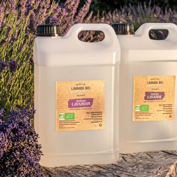 Unser Sortiment 7 Deux grands bidons en plastique étiquetés Lavande Bio sont posés sur une souche d'arbre, entourés de plants de lavande en fleurs et d'une botte de lavande coupée à la lumière du soleil.