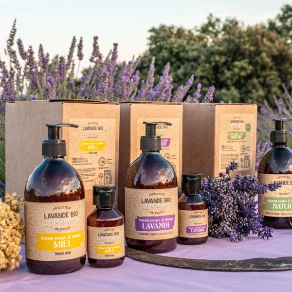 Unser Sortiment 4 Un présentoir de produits de soins à la lavande et au miel biologiques en bouteille et en boîte est posé sur un tissu violet à l'extérieur, entouré de bouquets de fleurs de lavande et de fleurs jaunes séchées, avec un champ de lavande à l'arrière-plan.
