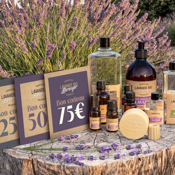 Unser Sortiment 11 A variety of lavender skincare and essential oil products, along with gift cards, are displayed on a tree stump outdoors, surrounded by blooming lavender plants.